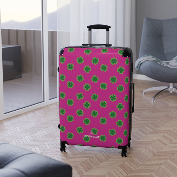Hot Pink Clover Print Suitcases, Irish Style St. Patrick's Day Holiday Designer Suitcase Luggage (Small, Medium, Large) Unique Cute Spacious Versatile and Lightweight Carry-On or Checked In Suitcase, Best Personal Superior Designer Adult's Travel Bag Custom Luggage - Gift For Him or Her - Made in USA/ UK