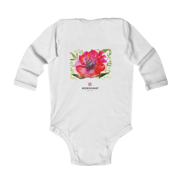 Red Hibiscus Floral Cute Infant Long Sleeve Bodysuit - Made in UK (UK Size: 6M-24M)-Kids clothes-Heidi Kimura Art LLC