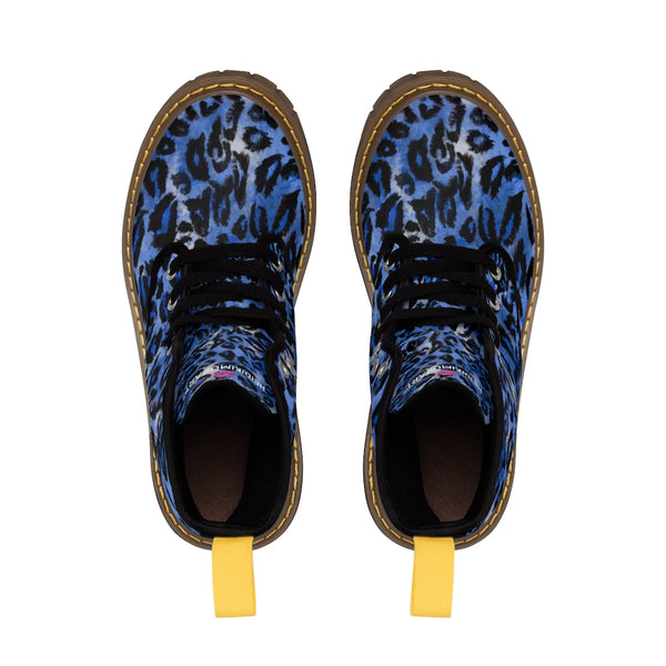 Blue Leopard Women's Canvas Boots, Best Leopard Animal Print Designer Women's Winter Lace-up Toe Cap Hiking Boots Shoes For Women (US Size 6.5-11)