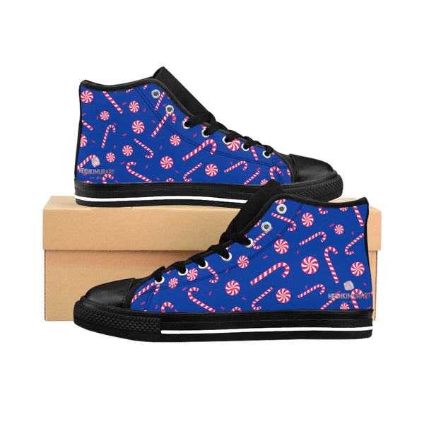 Dark Blue Christmas Red White Candy Cane Print Men's High-Top Sneakers Shoes-Men's High Top Sneakers-Black-US 9-Heidi Kimura Art LLC Blue Christmas Men's Sneakers, Dark Blue Christmas Red White Candy Cane Print Men's High-Top Sneakers Christmas-Themed Footwear Shoes (US Size 6-14)