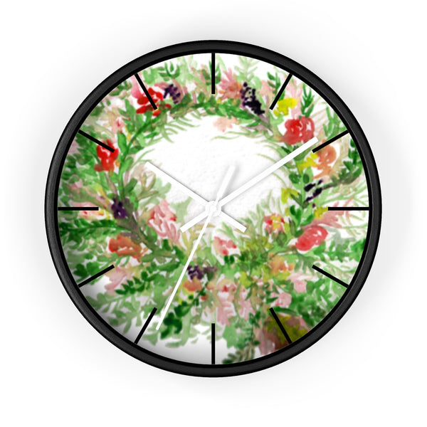 Spring Floral Wreath Print Chic Unique 10 inch Diameter Wall Clock - Made in USA-Wall Clock-Black-White-Heidi Kimura Art LLC