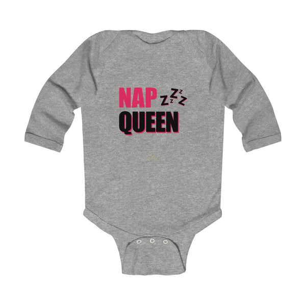 Cute Nap Queen Pink Baby Girls Infant Kids Long Sleeve Bodysuit -Made in USA-Infant Long Sleeve Bodysuit-Heather-NB-Heidi Kimura Art LLC