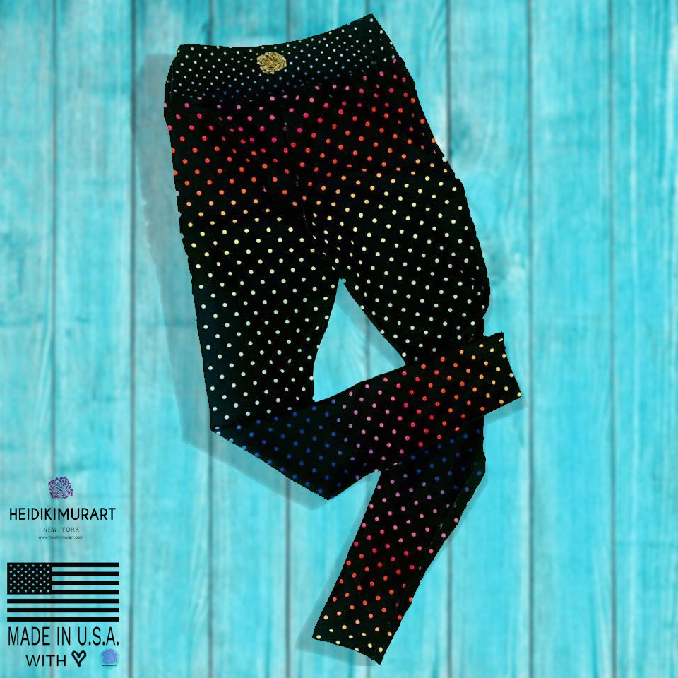 Black Rainbow Polka Dots Print Women's Yoga Leggings Long Pants- Made in USA/EU-Leggings-XS-Heidi Kimura Art LLC