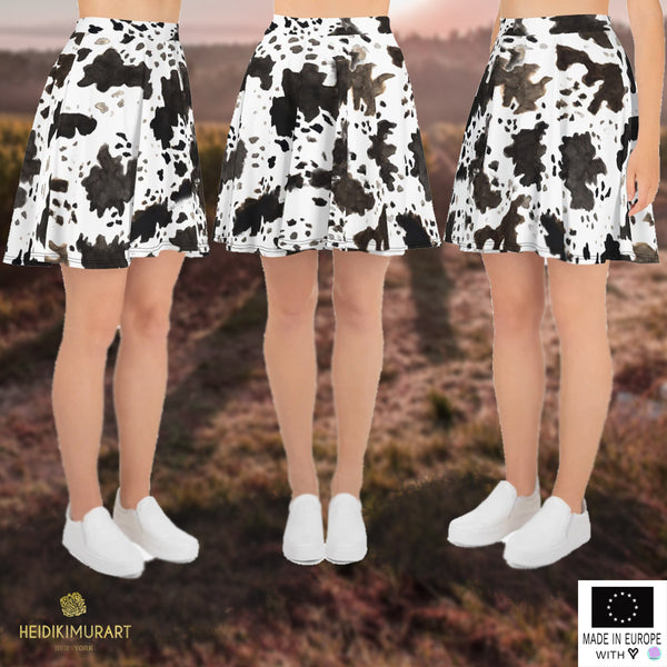 Cow Print Women's Skater Skirt, Cow Print Women's Designer Polyester Spandex Mid-Thigh Length Elastic Waistband Skater Skirt, Made in USA/ Europe (US Size: XS-3XL)