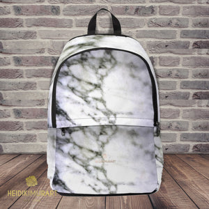 Modern White Marble Print Designer Unisex Fabric Travel School Backpack-Backpack-One Size-Heidi Kimura Art LLC White Marble Print School Bag, Modern White Marble Print Designer Unisex Fabric Backpack School Bag With Laptop Slot