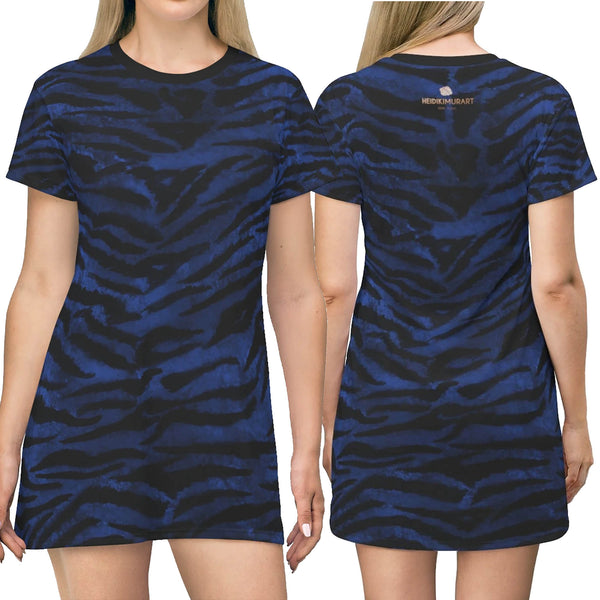 Navy Blue Tiger Striped Dress, Navy Tiger Stripe Animal Print Designer Crew Neck Women's Long Tee T-shirt Dress-Made in USA (US Size: XS-2XL)