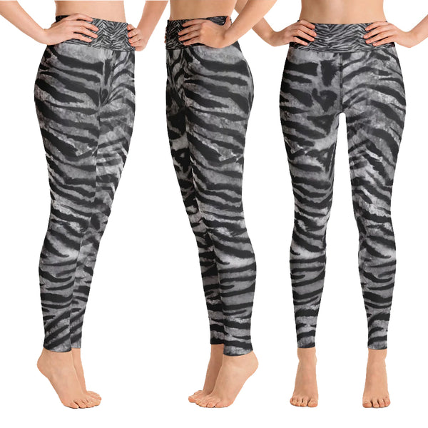 Gray Tiger Striped Yoga Leggings, Black & Gray Womens Tiger Stripes Animal Print Gym Active Fitted Leggings Sports Long Yoga Pants - Made in USA/EU/MX (US Size: XS-XL)
