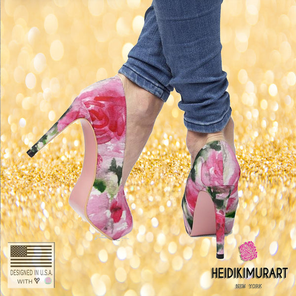Pink Floral Print Women's Heels, Designer 4" Flower Platform Heels Pumps Shoes (US Size 5-11)-4 inch Heels-Heidi Kimura Art LLC
