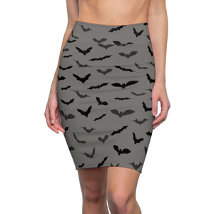 Gray Black Office Halloween Party Bats Women's Pencil Skirt- Made in USA(Size: XS-2XL)-Pencil Skirt-L-4 oz.-Heidi Kimura Art LLC