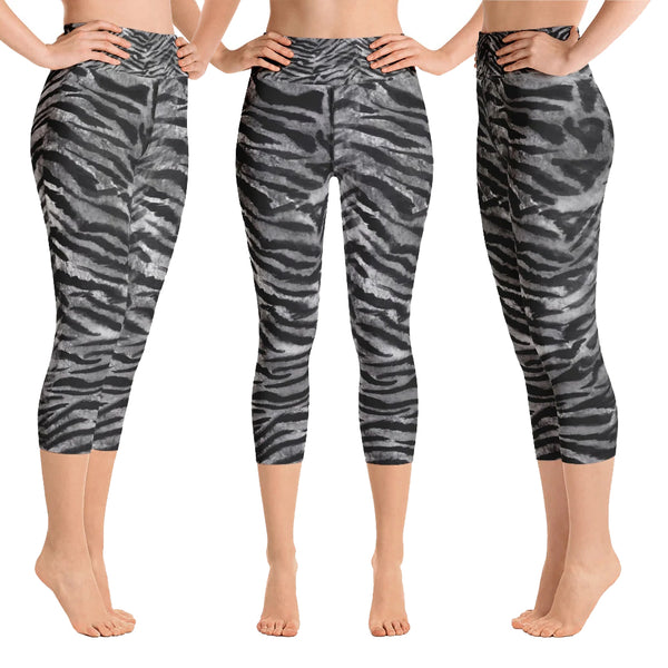 Gray Tiger Striped Capris Tights, Designer Gray Tiger Striped Animal Print Best Designer Luxury Women's Capri Sports Leggings Yoga Pants - Made in USA/EU/MX (US Size: XS-XL)