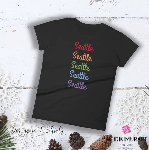 Seattle Rainbow Print Gay Pride 100% Cotton Women's Short Sleeve T-shirt (US Size: S-XL)-T-Shirt-Heidi Kimura Art LLC