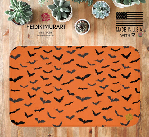 Orange Black Flying Bats Designer Halloween Bath Mat-Made in USA-Bath Mat-Heidi Kimura Art LLC