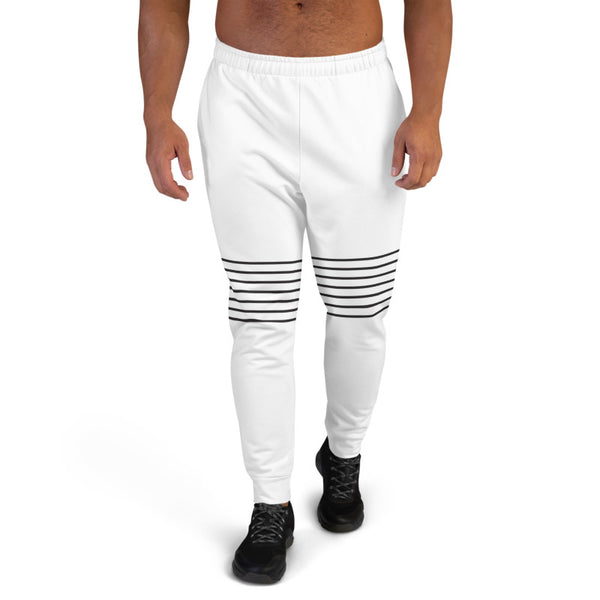 Black White Striped Men's Joggers, Black Modern Designer White Sweatpants For Men, Modern Slim-Fit Designer Ultra Soft & Comfortable Men's Joggers, Men's Jogger Pants-Made in EU/MX (US Size: XS-3XL)