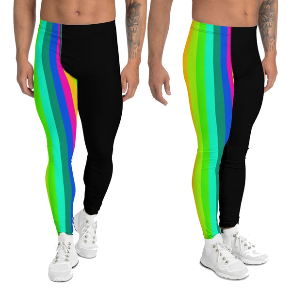 Rainbow Striped Print Men's Leggings, Black Colorful Fun Best Circus Stripes Print Sexy Meggings Men's Workout Gym Tights Leggings, Men's Compression Tights Pants - Made in USA/ EU (US Size: XS-3XL)