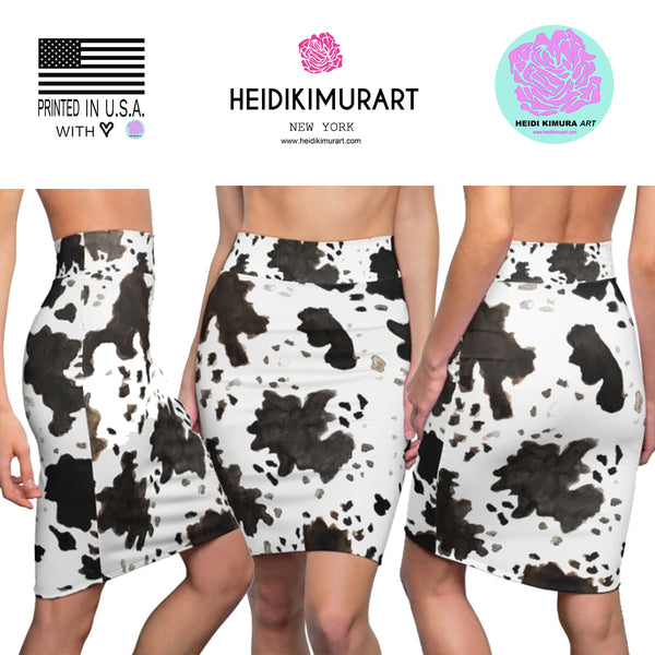 Cow Print Pencil Skirt, Cow Print White Brown Black Animal Print Designer Women's Pencil Skirt - Made in USA (US Size XS-2XL)
