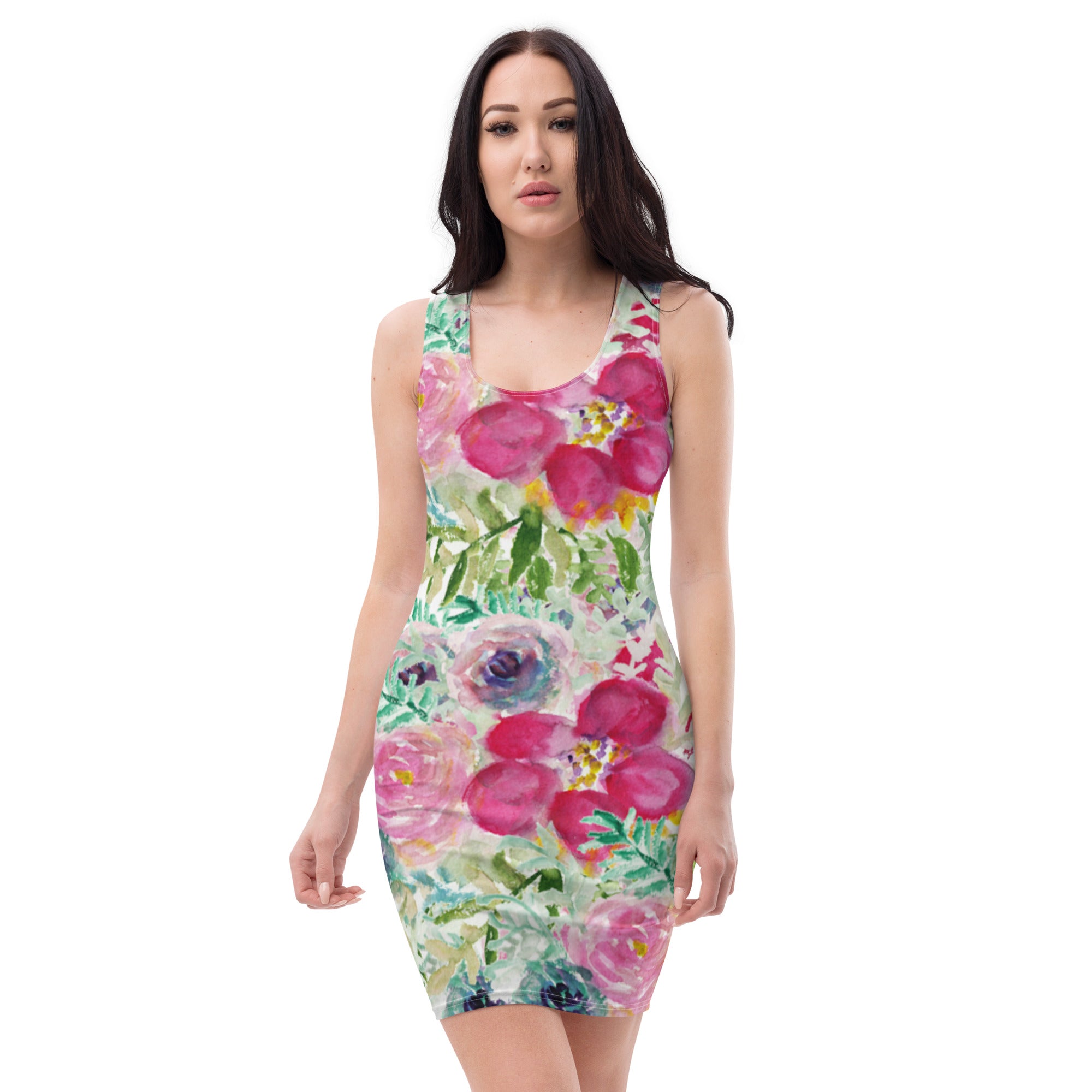 Pink Rose Floral Print Dress, Best Floral Print Designer Long