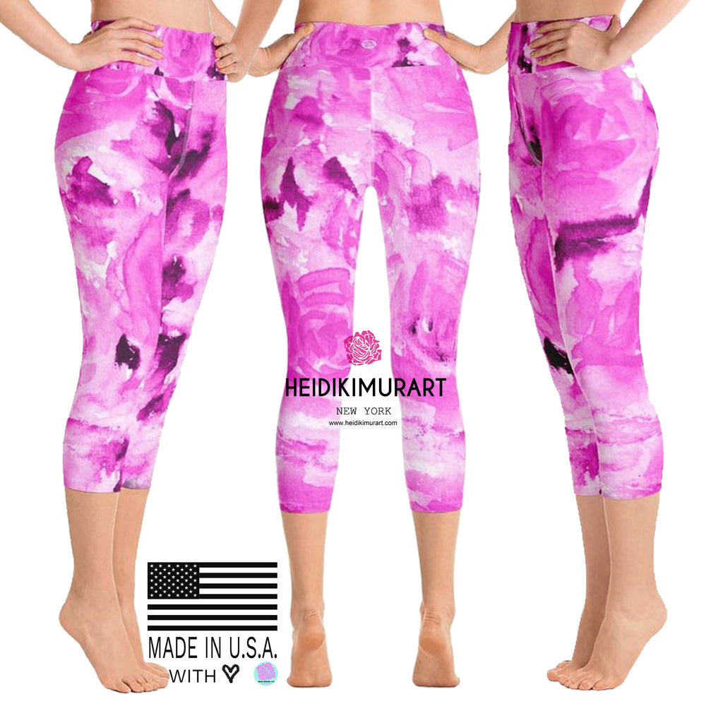 Hot Pink Rose Floral Capris Tights, Flower Capri Leggings Women's Yoga  Pants - Made in USA (XS-XL)