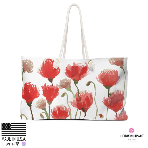 White Red Poppy Flowers Floral Print Oversized Designer 24"x13" Large Weekender Bag-Weekender Bag-24x13-Heidi Kimura Art LLC