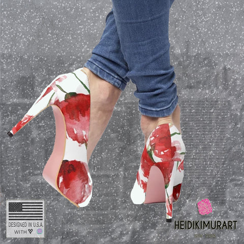 Poppy Red Floral Print Women's Designer's Choice 4" Platform Heels (US Size: 5-11)-4 inch Heels-Heidi Kimura Art LLC