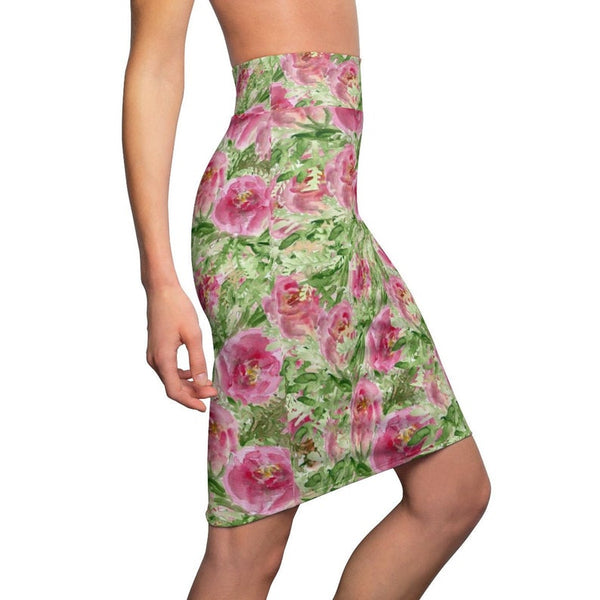 Green Pink Angel Rose Floral Print Designer Women's Mid-Waist Pencil Skirt -Made in USA-Pencil Skirt-Heidi Kimura Art LLC