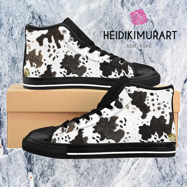 Milk Cow Print White Brown Black 5" Calf Height Women's High-Top Sneakers Running Shoes, (US Size: 6-12)-Women's High Top Sneakers-Heidi Kimura Art LLC Cow Print Women's Sneakers, Milk Cow Print White Brown Black 5" Calf Height Women's High-Top Sneakers Running Shoes (US Size: 6-12)