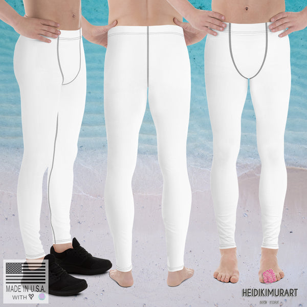 Solid White Color Print Designer Premium Men's Leggings Long Tights -Made in USA/EU-Men's Leggings-Heidi Kimura Art LLC