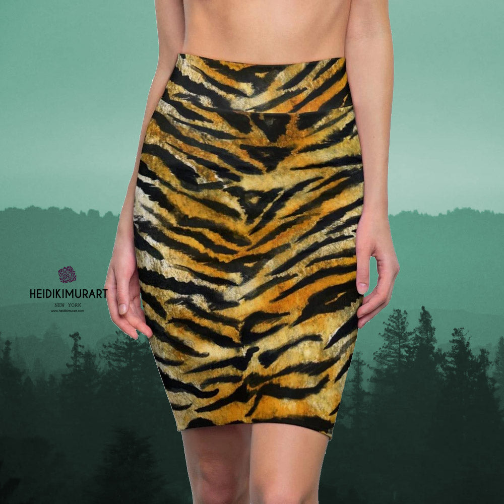 Tiger Striped Women's Pencil Skirt, Cool Orange Brown Bengal Brown Tiger Striped Animal Print Designer Women's Pencil Skirt - Made in USA (Size XS-2XL)