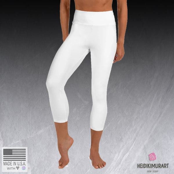 White Women's Capri Leggings, Bright Premium Quality Solid White Women's Yoga Capri Leggings Pants For Women, Made in USA/ Europe (US Size: XS-XL), White Yoga Leggings, Fun Workout Pants, Leggings And Yoga Pants, Cool Yoga Pants