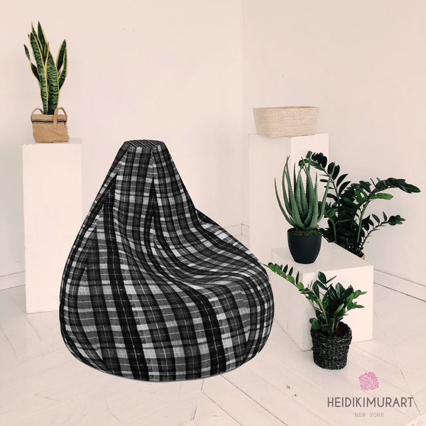 Black White Plaid Bean Bag, Black White Plaid Tartan Print Water Resistant Polyester Bean Sofa Bag W: 58"x H: 41" Chair With Filling Or Bean Bag Cover Without Filling- Made in Europe