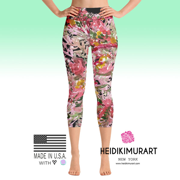 Women's Fall Red Leaves Print Yoga Capri Floral Leggings Yoga Pants - Made in USA-Capri Yoga Pants-Heidi Kimura Art LLC