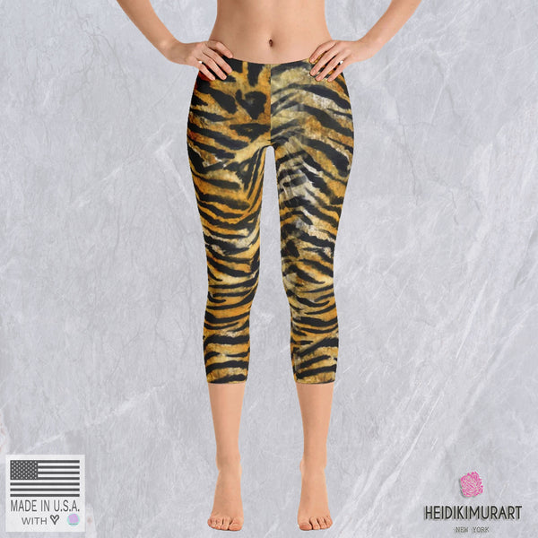 Tiger Striped Women's Capri Leggings, Bengal Tiger Stripe Animal Print Capri Leggings Casual Fashionable Athletic Tights Ladies Outfit - Made in USA/EU (US Size: XS-XL) 