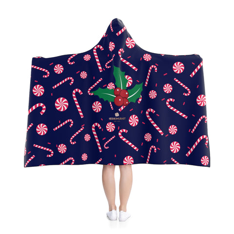 Navy Blue Lightweight Christmas Red Sugar Cane Holiday Party Hooded Blanket-Hooded Blanket-Heidi Kimura Art LLC