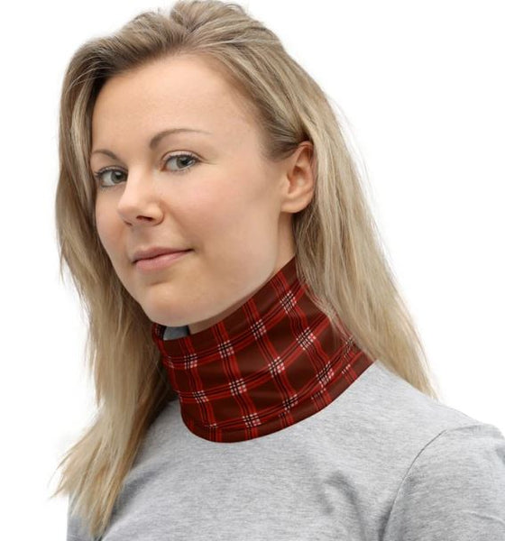 Red Plaid Print Neck Gaiter, Face Mask Shield, Luxury Premium Quality Cool And Cute One-Size Reusable Washable Scarf Headband Bandana - Made in USA/EU, Face Neck Warmers, Non-Medical Breathable Face Covers, Neck Gaiters  