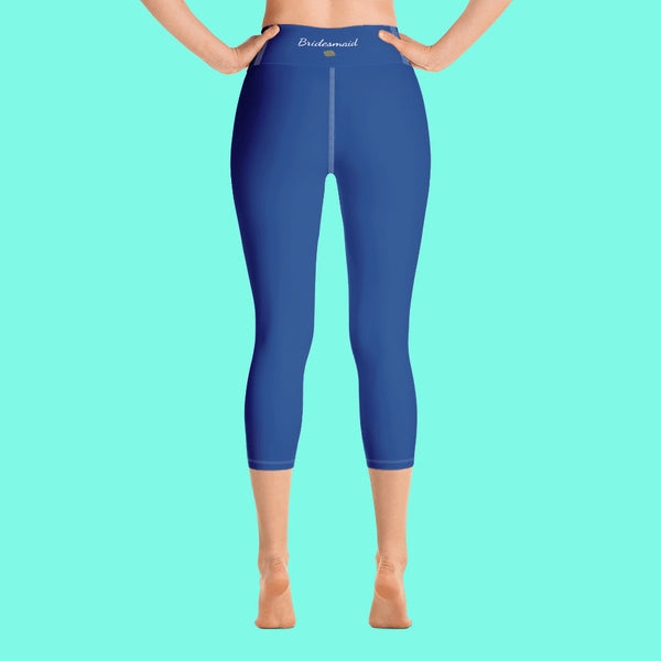 Bridesmaid Text Navy Blue Solid Color Yoga Capri Leggings-Made in USA-Capri Yoga Pants-Heidi Kimura Art LLC