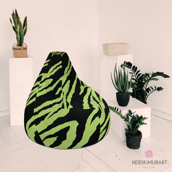 Green Tiger Stripe Bean Bag, Animal Print Designer Large Sofa Chair w/ filling Water Resistant Polyester Bean Sofa Bag W: 58"x H: 41" With Filling Or Bean Bag Cover- Made in Europe