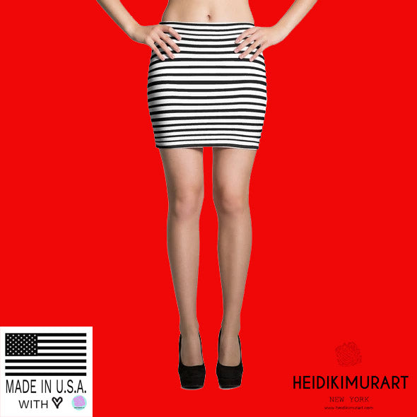 Modern Designer Black White Horizontal Stripe Women's Mini Skirt- Made in USA/EU-Mini Skirt-Heidi Kimura Art LLC