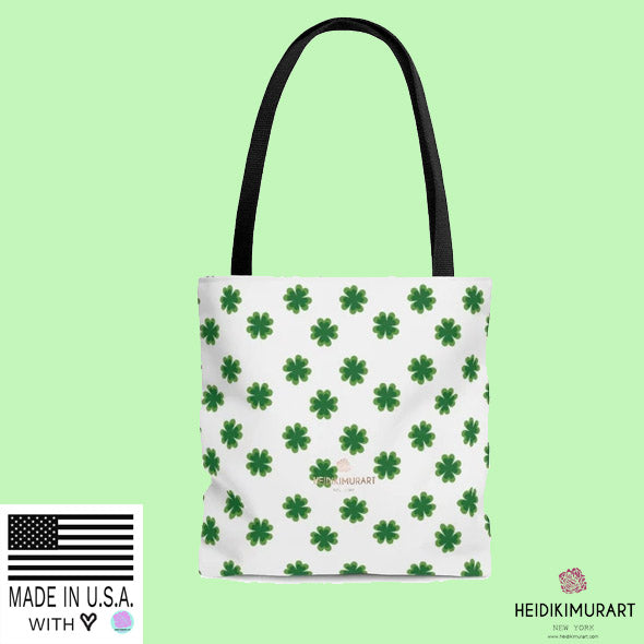 White Green 4 Leaf Lucky Clover Print St. Patrick's Day Irish Style Tote Bag- Made in USA-Tote Bag-Heidi Kimura Art LLC