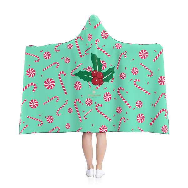 Blue Lightweight Christmas Red Sugar Cane Designer Holiday Party Hooded Blanket-Hooded Blanket-Heidi Kimura Art LLC