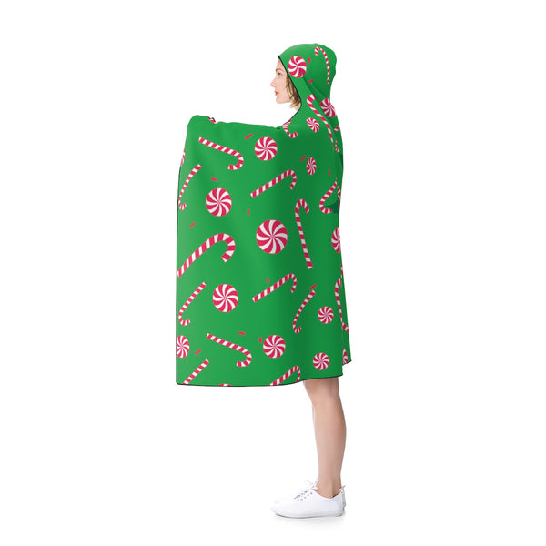 Green Cozy Christmas Red Sugar Cane 50"x40", 80"x56" Holiday Party Hooded Blanket-Hooded Blanket-Heidi Kimura Art LLC