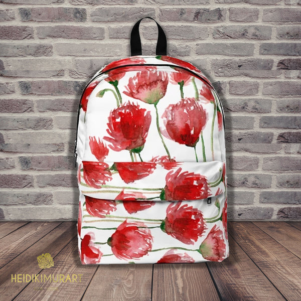 White Red Poppy Floral Print Unisex Large Classic Designer Backpack-Backpack-One Size-Heidi Kimura Art LLC White Red Poppy Backpack, Best Flower White Red Poppy Floral Print Unisex Large Classic Designer Backpack