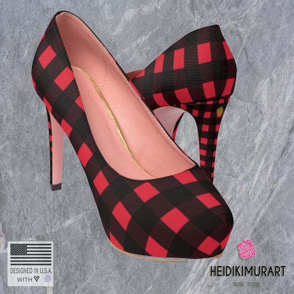 Classic Londoner Red Black Buffalo Plaid Print Women's Platform 4 inch Heels Shoes-4 inch Heels-Heidi Kimura Art LLC