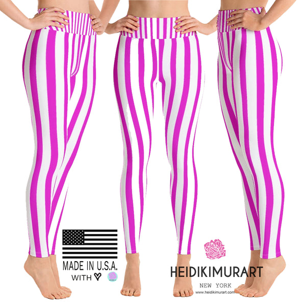 Women's Pink Stripe Leggings, Women's Vertical Pink Stripe Active Wear Fitted Leggings Sports Long Yoga & Barre Pants - Made in USA (US Size: XS-XL)