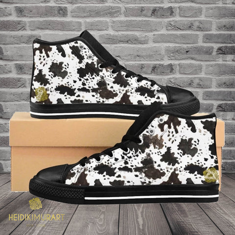 Farm Cow Print Black White Brown High Performance Women's High-Top Sneakers Shoes, (US Size: 6-12)-Women's High Top Sneakers-Heidi Kimura Art LLC Cow Print Women's Sneakers, Cow Print Black White Brown High Performance Durable 5" Calf Height Women's High-Top Sneakers Shoes, (US Size: 6-12)