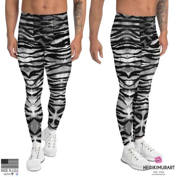 Grey Tiger Stripe Men's Leggings, Tiger Animal Print Sexy Meggings Men's Workout Gym Tights Leggings, Men's Compression Tights Pants - Made in USA/ EU (US Size: XS-3XL) 