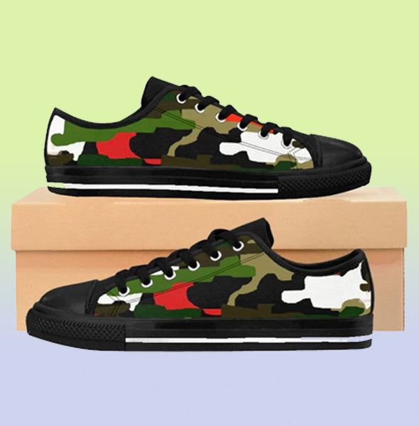 Green Camo Red Men's Sneakers, Camouflage Red Green Military Army Print Designer Men's Running Low Top Sneakers Shoes, Men's Designer Camo Print Tennis Shoes (US Size 7-14)