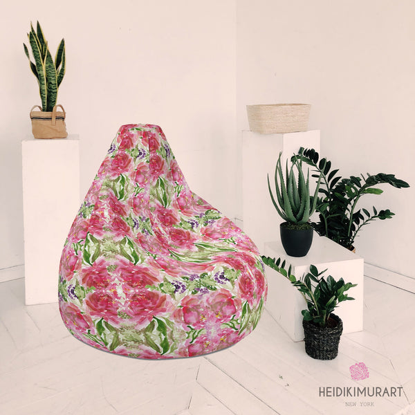 Pink Rose Bean Bag, Vintage Style Floral Print Designer Large Sofa Chair w/ filling Water Resistant Polyester Bean Sofa Bag W: 58"x H: 41", Best Sofa Chair Living Room Seat Indoor Big Furniture