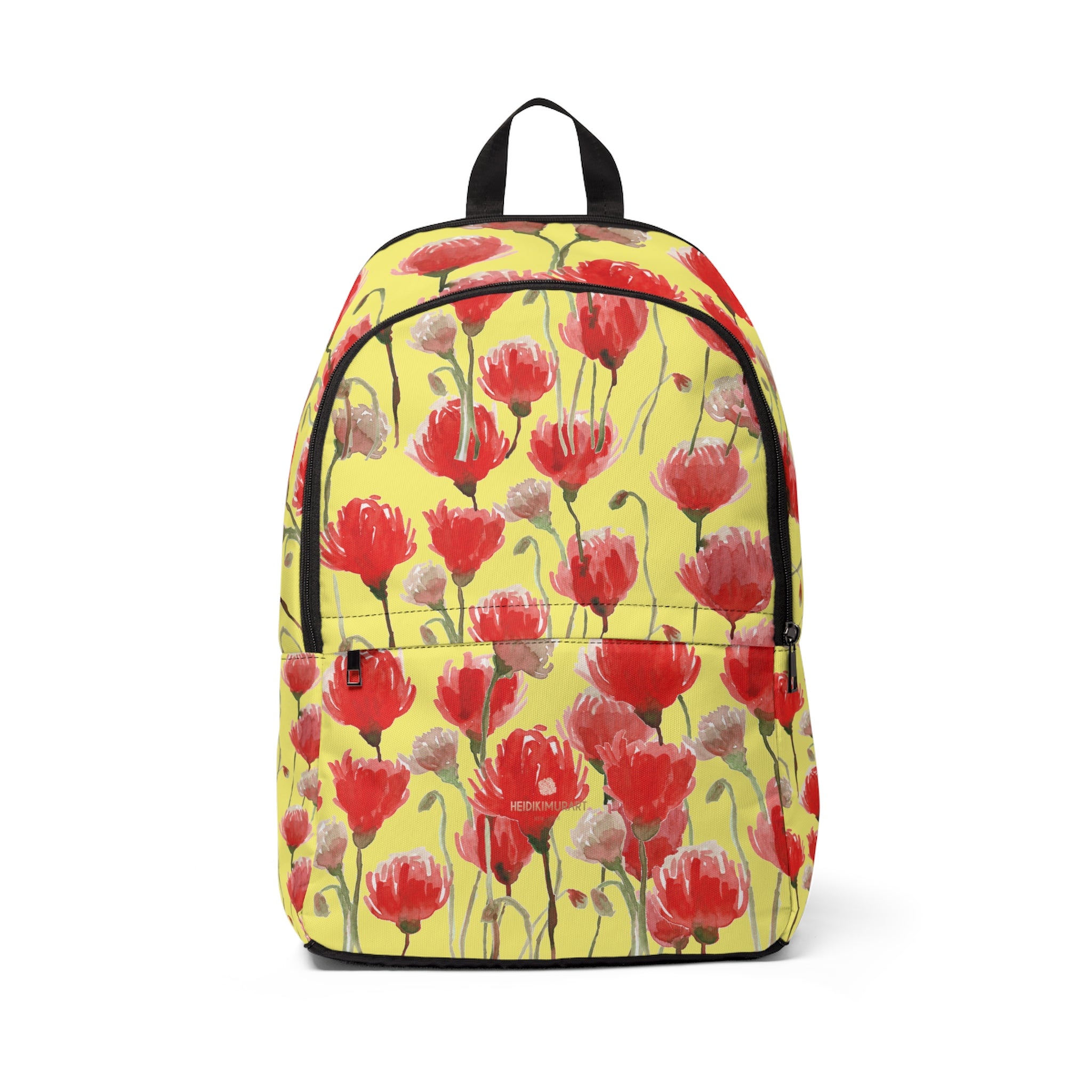 Yellow Red Poppy Flower Floral Print Designer Unisex Fabric Backpack School Bag With Laptop Slot-Backpack-One Size-Heidi Kimura Art LLC Yellow Red Poppy Backpack, Lightweight Waterproof Best Soft Nylon Flower Floral Print Designer Unisex Fabric Backpack School Bag With Laptop Slot