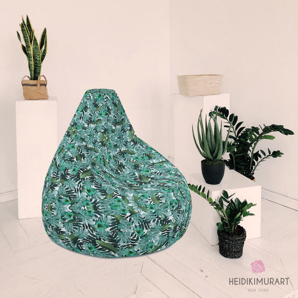  Green Tropical Bean Bag, Tropical Leaf Abstract Print Designer Large Sofa Chair w/ filling Water Resistant Polyester Bean Sofa Bag W: 58"x H: 41", Best Sofa Chair Living Room Seat Indoor Big Furniture