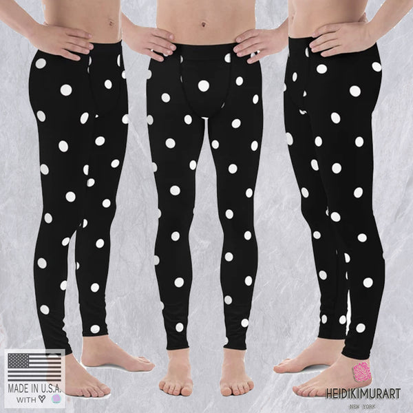 White Polka Dots Print Meggings, Premium Men's Leggings Pants With Dots -Made in USA/EU-Men's Leggings-Heidi Kimura Art LLC