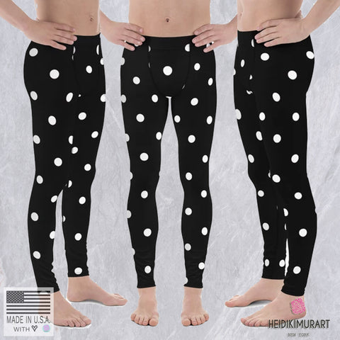 White Polka Dots Print Meggings, Premium Men's Leggings Pants With Dots -Made in USA/EU-Men's Leggings-Heidi Kimura Art LLC